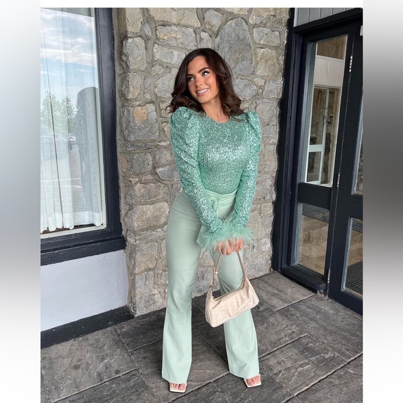 NEW SEASON Lavish Alice feather and sequin embellished jumpsuit in sage - Picture 4 of 14